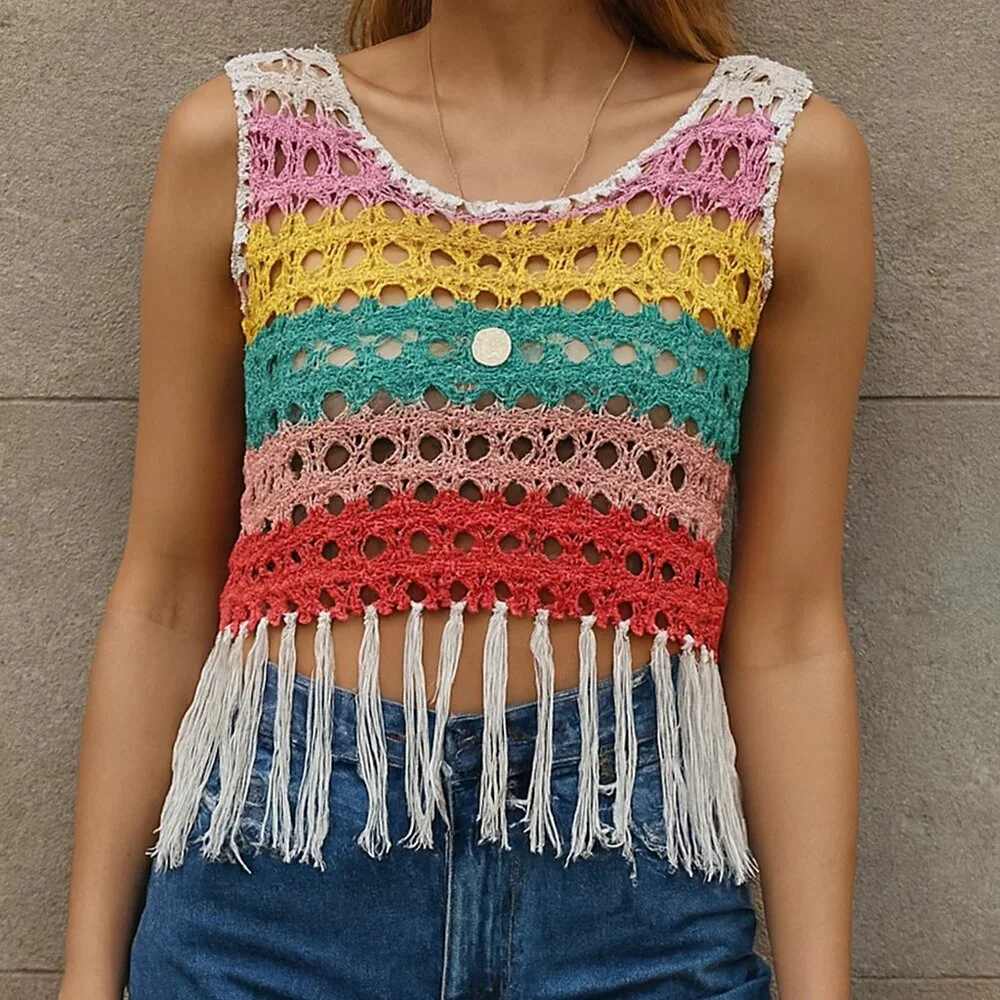 Vintage Y2K Boho Striped Colorful Fringe Crochet Knit 70s Sleeveless Top sz L/XL